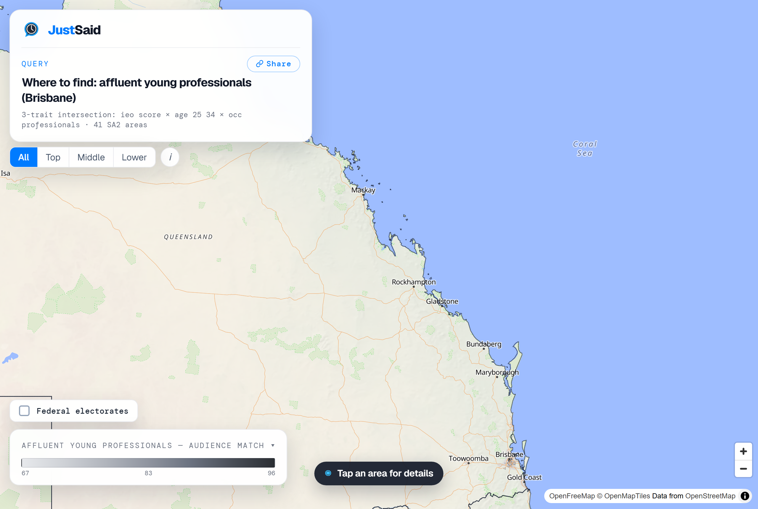 Audience map for affluent young professionals in Brisbane