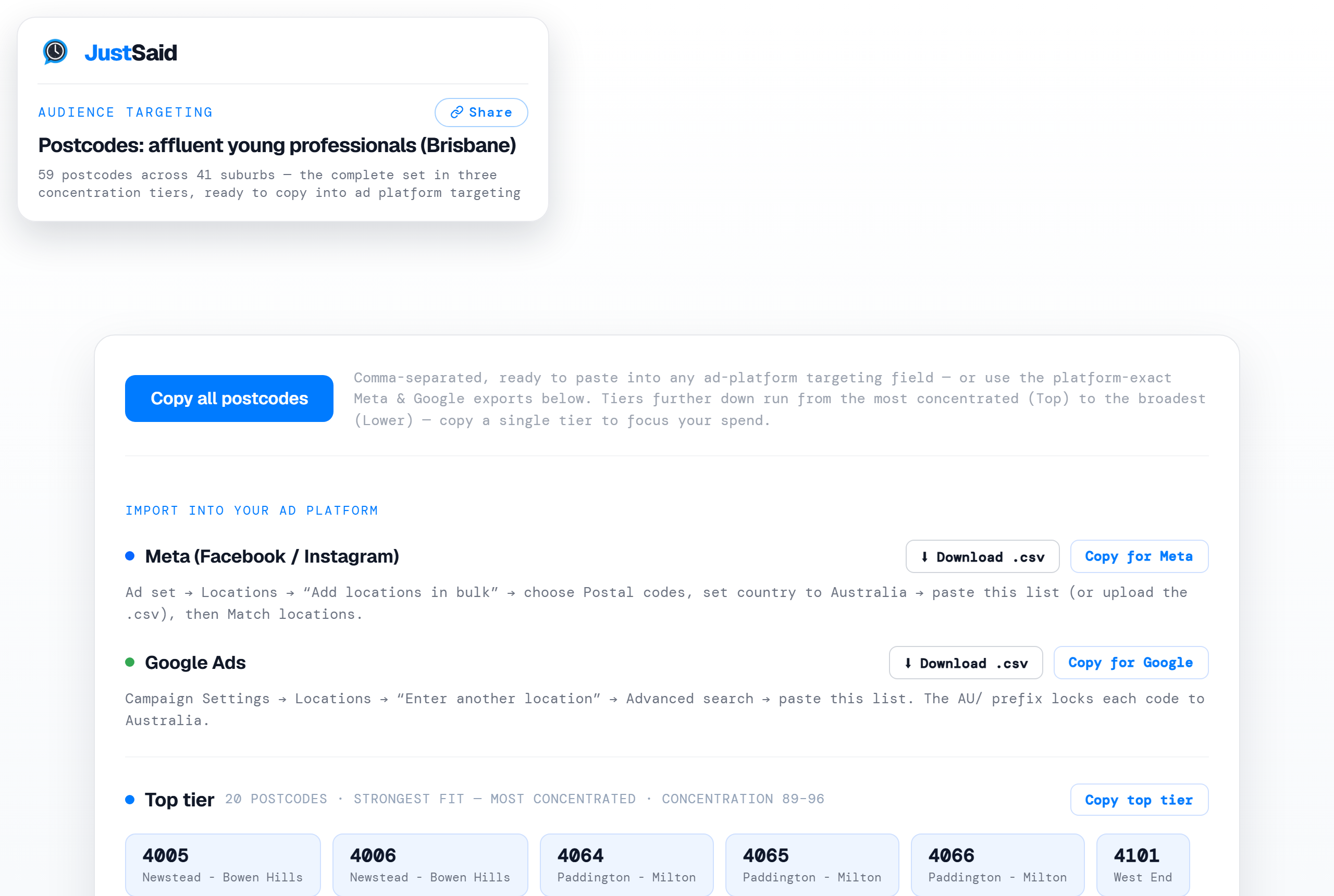 Postcode export page for the Brisbane audience with Meta and Google buttons