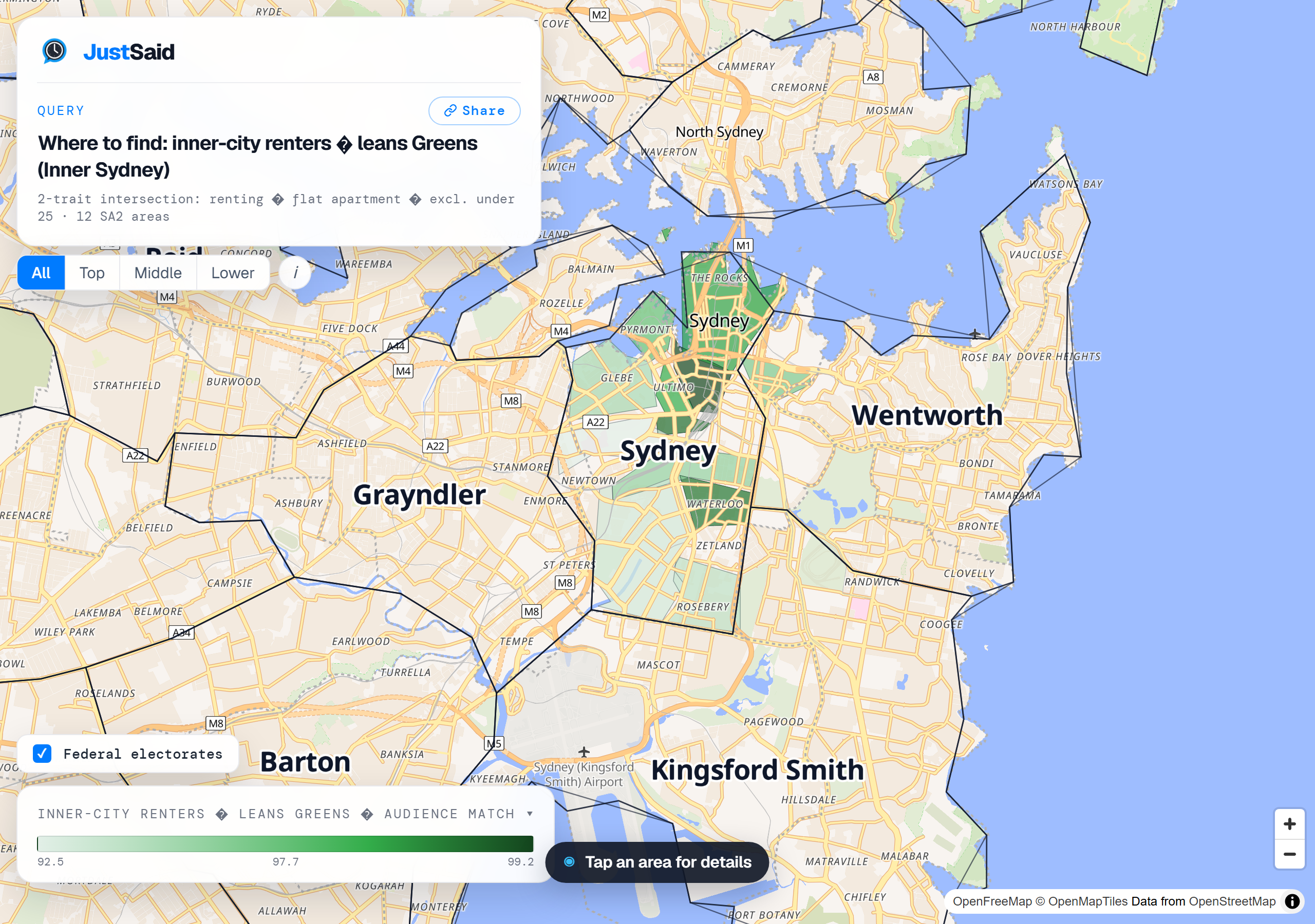 Audience concentration map of inner Sydney showing renter concentration shaded across suburbs