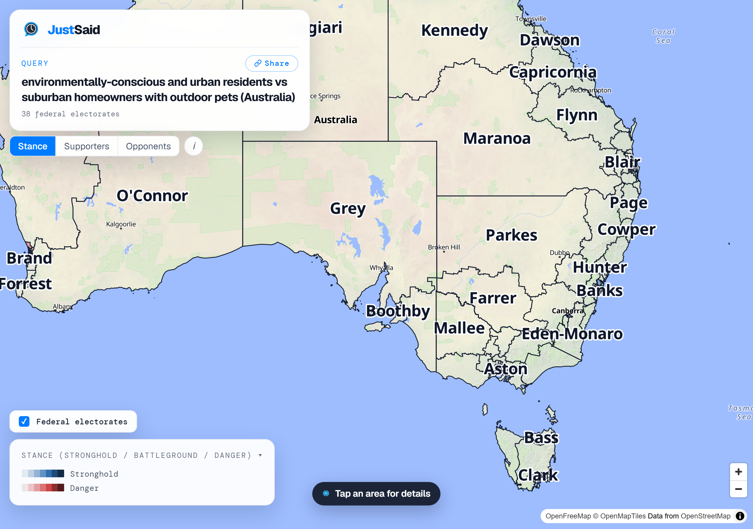 National friend versus foe map showing strongholds and danger zones for a policy